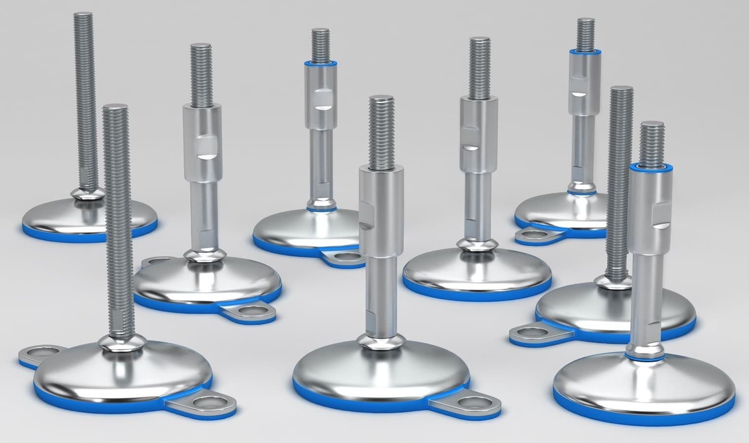 Pie nivelador higiénico de acero inoxidable bajo una máquina en un entorno de lavado